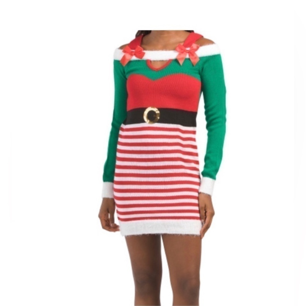 Derek Heart Women’s Elf Dress Cold Shoulder Bows Christmas Holidays Medi…